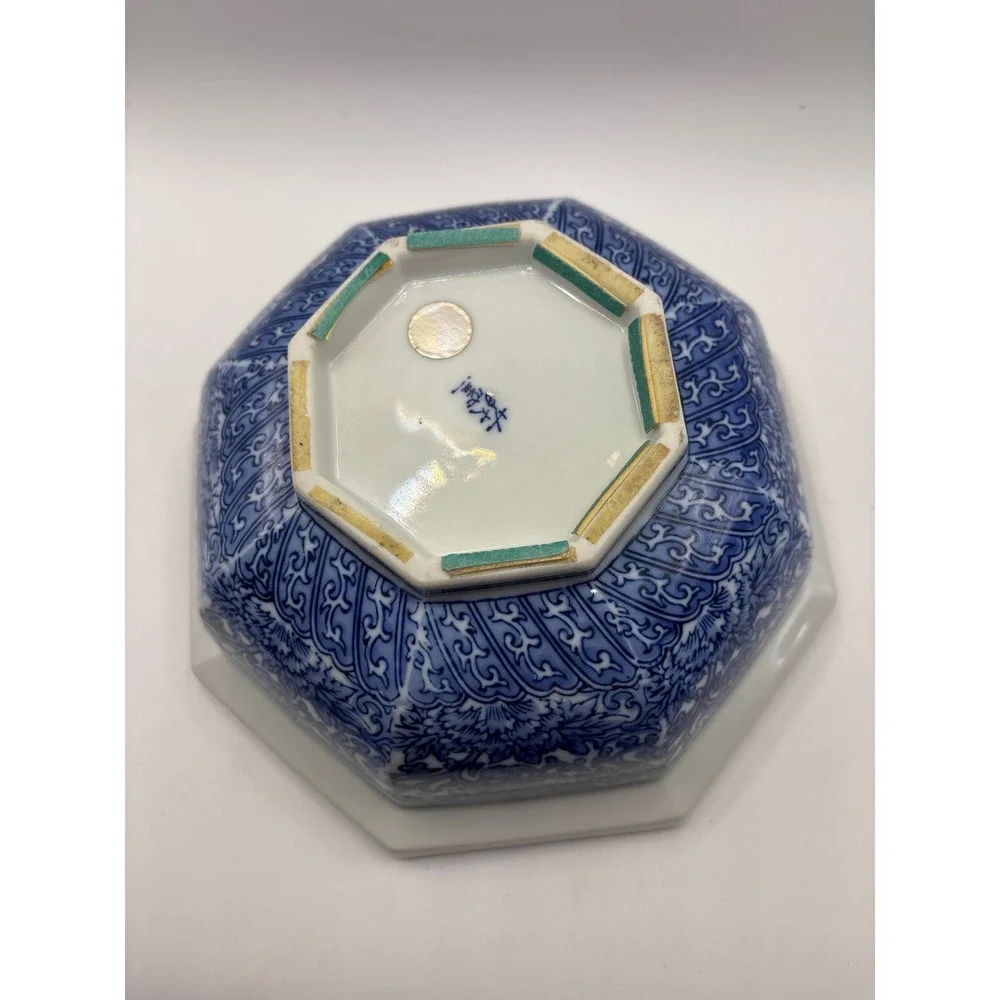 Vintage Japanese Blue and White Octagonal Porcelain Floral Bowl chinoiserie